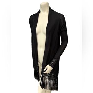 BCBGMAXAZRIA Black Fringe Open Front Cardigan XS/S Silk Blend Boho Chic